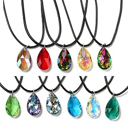 Waxed Cord Necklaces, K9 Glass Pendant Necklaces, Teardrop, Mixed Color, 17.72 inch(45cm)(NJEW-P310-10P)