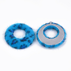 Faux Mohair Pendants, with Aluminum Bottom, Flat Round, Platinum, Dodger Blue, 43~44x40.5~41.5x4.5~5mm, Hole: 1mm(X-WOVE-S118-03G)