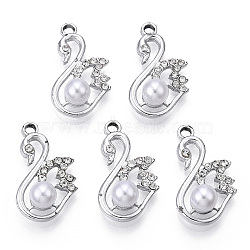 Alloy Crystal Rhinestone Pendants, with ABS Plastic Imitation Pearl, Swan Charms, Platinum, 24x14x7mm, Hole: 5x2mm(ALRI-H004-13P)