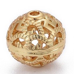 Brass Filigree Beads, Long-Lasting Plated, Hollow, Round, Real 18K Gold Plated, 10x9.5mm, Hole: 1mm(KK-P192-02G)