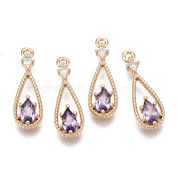 Brass Micro Pave Cubic Zirconia Pendants, with Glass, Teardrop, Long-Lasting Plated, Light Gold, Violet, 17.5x6x2.5mm, Hole: 1mm(X-KK-R111-003-A03)