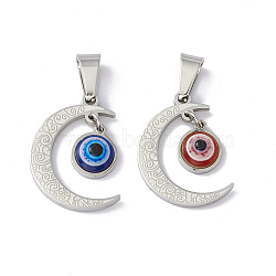 304 Stainless Steel Resin Pendants, Moon Charms with Evil Eye, Stainless Steel Color, Mixed Color, 20x14x4.5mm, Hole: 6.5x3mm(STAS-A062-40P)
