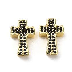 Rack Plating Brass Micro Pave Cubic Zirconia Beads, Long-Lasting Plated, Lead Free & Cadmium Free, Religion Cross, Real 18K Gold Plated, 13.7x9x4mm, Hole: 1.4mm(KK-K377-15G)
