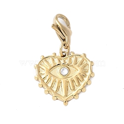 304 Stainless Steel Rhinestone Heart with Eye Pendant Decoration, with Lobster Claw Clasps, PVD Vacuum Plating, Real 18K Gold Plated, 24.5mm(STAS-S165-30G)