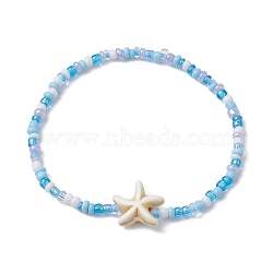 Glass Seed & Synthetic Turquoise Starfish Beaded Stretch Bracelet for Women, White, Inner Diameter: 2-1/4 inch(5.6cm)(BJEW-JB09709-02)