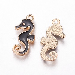 Alloy Enamel Pendants, Sea Horse, Light Gold, Black, 21.5x10.5x2mm, Hole: 1.4mm(PALLOY-F224-08G-01)