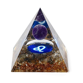 Orgonite Pyramid Resin Energy Generators, Reiki Natural Amethyst Beads Inside for Home Office Desk Decoration, Leo, 59.5x59.5x59.5mm