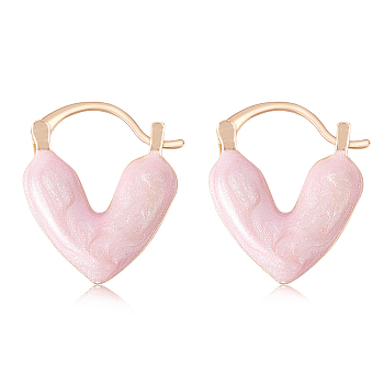 Enamel Heart Hoop Earrings, Golden Brass Jewelry for Women, Pink, 19x16x3.8mm, Pin: 0.6x1mm