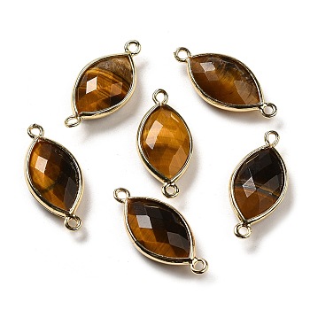 Natural Tiger Eye Faceted Connector Charms, Rack Plating Brass Horse Eye Links, Golden, 25x11.5x5.5mm, Hole: 1.6mm