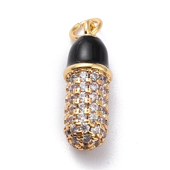 Brass Enamel Cubic Zirconia Pendants, Long-Lasting Plated, Real 18K Gold Plated, Capsule, Black, 15.3x5.3mm, Hole: 3mm