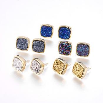Brass Stud Earrings, with Druzy Resin Cabochon, with Ear Nuts, Square, Golden, Mixed Color, 15x15x4~6mm, Pin: 0.8mm, Side Length: 12.5mm