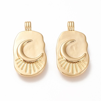 Brass Pendants, Long-Lasting Plated, Oval with Moon, Real 18K Gold Plated, 26.5x14x2.5mm, Hole: 3x1.5mm