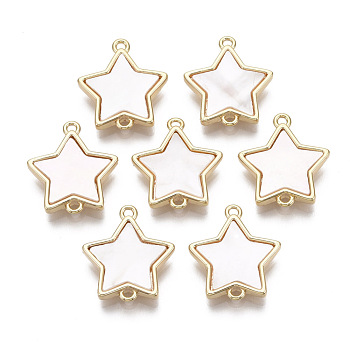 Brass Links, with Freshwater Shell, Nickel Free, Star, Real 18k Gold Plated, Seashell Color, 17x15x3mm, Hole: 1.2mm