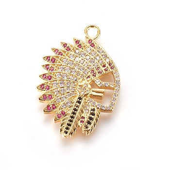 Brass Micro Pave Cubic Zirconia Pendants, Native American Charms, Violet, Golden, 35x23x2.5mm, Hole: 2.5mm