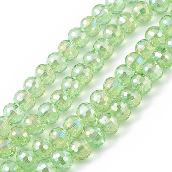 Transparent Electroplate Glass Beads Strands, Faceted(96 Facets), Round, AB Color Plated, Light Green, 7.5~8x7mm, Hole: 1.2mm, about 70~72pcs/strand, 20.08~20.47 inch(51~52cm)