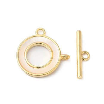 Brass Toggle Clasps, with Shell, Ring, Real 18K Gold Plated, Ring: 18x18x2mm, Hole: 1.8mm, Bar: 18x5x2mm, Hole: 1.8mm
