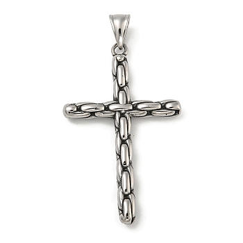 316 Surgical Stainless Steel Big Pendants, Cross Charm, Religion, Antique Silver, 55x32.5x8mm, Hole: 7mm