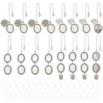 Elite 16Pcs 4 Styles Alloy Pendant Cabochon Settings, with Brass Chain Extender, Memorial Photo Pendants for Cap, with 16Pcs Oval Glass Cabochons, Antique Silver & Platinum, Setting: 153~215mm, Tray: 25x18mm, 4pcs/style