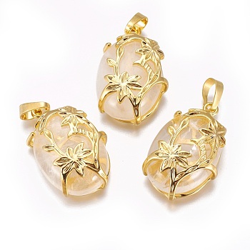 Natural Quartz Crystal Pendants, Rock Crystal Pendants, with Golden Tone Brass Findings, Oval with Flower, 32x20x9mm, Hole: 5x8mm