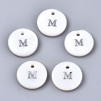 Natural Freshwater Shell Pendants, with Platinum Plated Iron Etched Metal Embellishments, Flat Round with Initial Letter, White, Letter.M, 11x2mm, Hole: 1.5mm