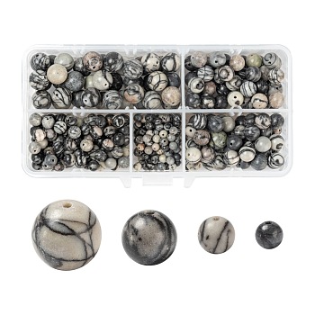 340Pcs 4 Style Natural Black Silk Stone/Netstone Beads, Round, 4mm/6mm/8mm/10mm, Hole: 0.6~1mm