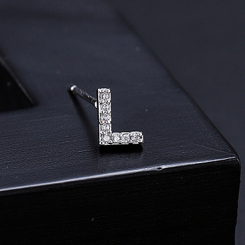 Platinum Brass Micro Pave Cubic Zirconia Stud Earrings, Initial Letter, Letter L, No Size