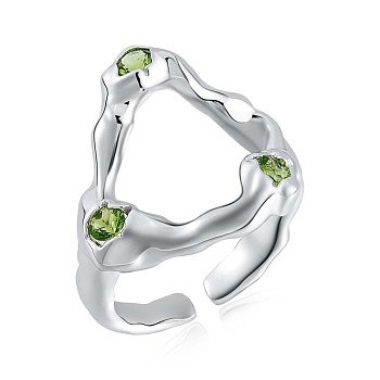 Rhodium Plated 925 Sterling Silver Triangle Open Cuff Ring, Light Green Cubic Zirconia Hollow Ring for Women, Platinum, US Size 5 1/4(15.9mm)