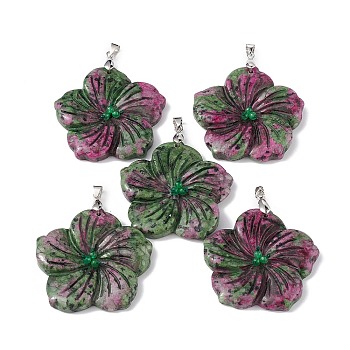 Natural Ruby in Zoisite Big Pendants, Peach Blossom Charms, with Platinum Plated Alloy Snap on Bails, 57x48x9mm, Hole: 6x4mm