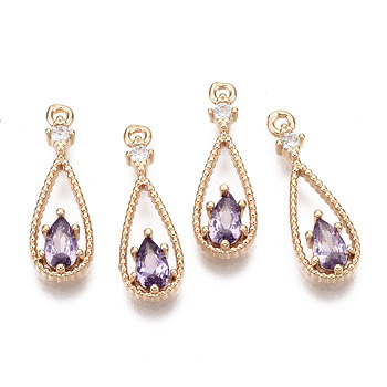 Brass Micro Pave Cubic Zirconia Pendants, with Glass, Teardrop, Long-Lasting Plated, Light Gold, Violet, 17.5x6x2.5mm, Hole: 1mm