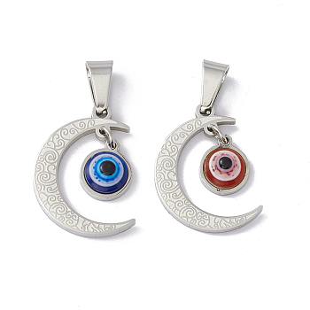 304 Stainless Steel Resin Pendants, Moon Charms with Evil Eye, Stainless Steel Color, Mixed Color, 20x14x4.5mm, Hole: 6.5x3mm