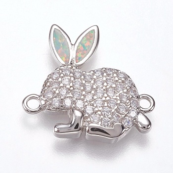 Brass Micro Pave Cubic Zirconia Bunny Links connectors, with Synthetic Opal, Rabbit Findings, Platinum, Champagne Yellow, 15x16.5x2.5mm, Hole: 1.2mm