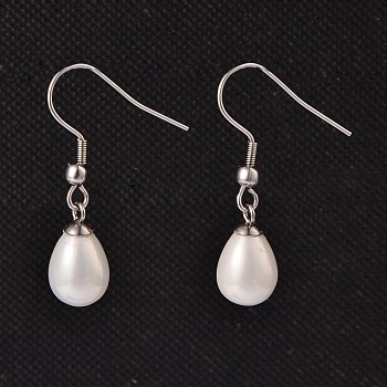 Teardrop Shell Pearl Dangle Earrings, with 304 Stainless Steel Earring Hooks, White, 33mm, Pin: 0.8mm