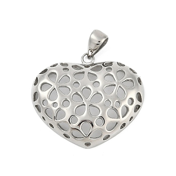 304 Stainless Steel Pendants, Hollow Heart Charm, Stainless Steel Color, 39x44x8mm, Hole: 8.5x5mm