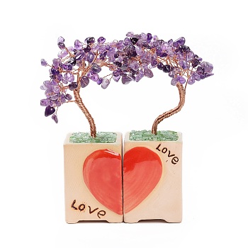 Heart Money Tree Natural Amethyst Bonsai Display Decorations, for Home Office Decor Good Luck, 52x48.5x160mm
