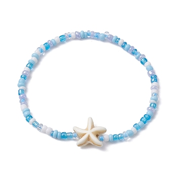 Glass Seed & Synthetic Turquoise Starfish Beaded Stretch Bracelet for Women, White, Inner Diameter: 2-1/4 inch(5.6cm)