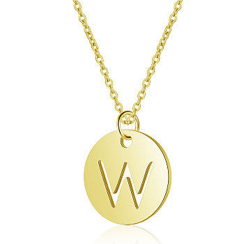 201 Stainless Steel Initial Pendants Necklaces, with Cable Chains, Flat Round with Letter, Golden, Letter.W, 16.3 inch(40cm), 1mm