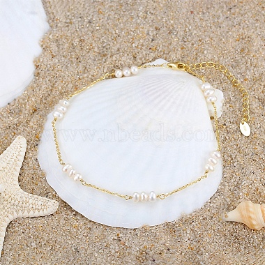 Bracelet de cheville à maillons perlés en perles d'eau douce naturelles avec 925 chaîne de câble en argent sterling pour femmes(AJEW-F162-015G)-2