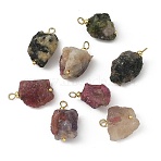 Raw Rough Natural Multicolor Tourmaline Pendants, with Brass Loops, Nuggets Charms, Golden, 20~25x14~18x9~14mm, Hole: 3mm(PALLOY-JF05962)