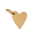 304 Stainless Steel Charms, with Jump Rings, Heart with Letter Charms, Golden, Letter A, 10x8.5x1.5mm, Hole: 4x2.5mm(STAS-L291-01G-A)