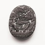 Carved Natural Obsidian Pendants, Flat Oval with Dragon and Phoenix, 44x34x8~12mm, Hole: 1.5mm(G-G660-40)