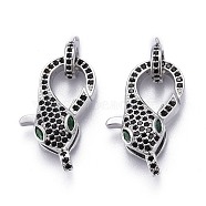 Brass Micro Pave Black & Green Cubic Zirconia Lobster Claw Clasp, Long-Lasting Plated, with Jump Rings, Snake Shape, Real Platinum Plated, 23x12.5x7mm(ZIRC-Z011-19P)