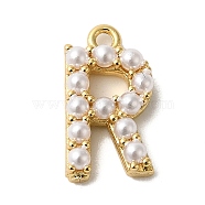 Plastic Imitation Pearl Pendants, with Brass Findings, Golden, Letter R, 7~14x13.5~15x3mm, Hole: 1.3~1.4mm(KK-P230-17G-R)