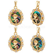 5Pcs Natural Abalone Shell/Paua Shell Pendants, with Brass Micro Pave Clear Cubic Zirconia Findings, Oval with Rose Charm for Valentine's Day, Real 18K Gold Plated, 21x15.5x6mm, Hole: 5x2.5mm(KK-BBC0007-62)