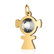 201 Stainless Steel Pendants, with Rhinestone, Robot, Crystal, Golden, 19x14.5x4mm, Hole: 3mm(STAS-S105-T582D-2)