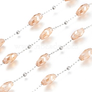 Faceted Chevron Pattern Glass Beaded Chains, 304 Stainless Steel Cable Chains, with Round Beads & Spool, Unwelded, Stainless Steel Color,Light Salmon, Link: 2x0.8x0.2mm and 2x1.1x0.2mm, Bead: 9x4.5x4.5mm, about 32.8 Feet(10m)/roll(CHS-K009-05P-E)