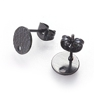 304 Stainless Steel Ear Stud Findings, with Ear Nuts/Earring Backs and Hole, Textured Flat Round with Spot Lines, Electrophoresis Black, 8mm, Hole: 1.2mm, Pin: 0.8mm(X-STAS-O119-15B-B)