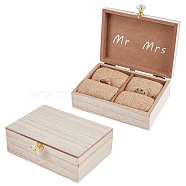 Rectangle Mr and Mrs Wooden Rustic Wedding Double Ring Box, with Burlap Pillow Lining, Wedding Decor for Ceremony, BurlyWood, 15.3x13.2x5.1cm(OBOX-FH0001-01)