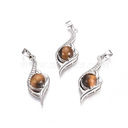 Natural Tiger Eye Pendants, with Platinum Tone Brass Findings and Crystal Rhinestone, Flower, 37.3x15x9.8mm, Hole: 7x4.5mm(G-L512-G08)