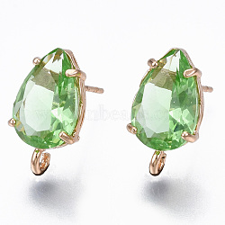 Brass Stud Earring Findings, with Transparent Glass and Loop, Long-Lasting Plated, Teardrop, Light Gold, Dark Sea Green, 14x8.5mm, Hole: 1.2mm, Pin: 0.7mm(KK-S365-005-A04)
