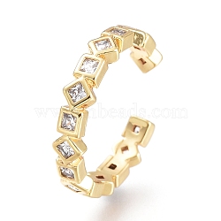 Brass Micro Pave Clear Cubic Zirconia Cuff Rings, Open Rings, Long-Lasting Plated, Square with Rhombus, Golden, US Size 7(17.3mm)(RJEW-I073-03G)